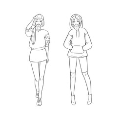 Hand drawn young fashion women in beautiful look. Sketch drawing cute girls hipsters, trendsetters or influencers with stylish outfit, dressed in trendy clothes. Outline vector illustration, doodle