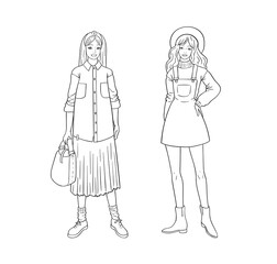 Hand drawn young fashion women in beautiful look. Sketch drawing cute girls hipsters, trendsetters or influencers with stylish outfit, dressed in trendy clothes. Outline vector illustration, doodle