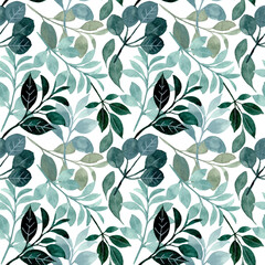 Seamless pattern green foliage with watercolor