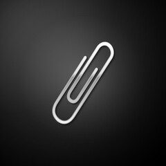 Silver Paper clip icon isolated on black background. Long shadow style. Vector.