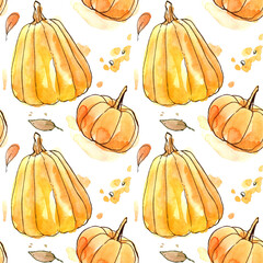 Pumpkins fall harvest leaf cooking orange juicy splatter pattern watercolor repeating seamless wrapping paper background eco nature