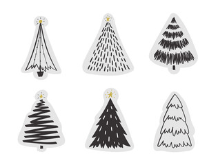 Set of hand drawn doodle Christmas trees. Vector illustration collection of Christmas Eve stickers winter background use for greeting cards, posters, wrapping paper, banners, wallpaper