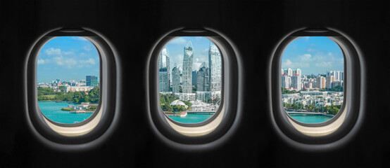 View outside the plane window. Singapore City.