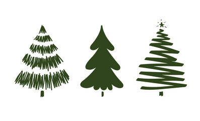 Set of hand drawn doodle Christmas trees. Vector illustration collection of Christmas Eve winter background use for greeting cards, posters, wrapping paper, banners, wallpaper. Isolated black on white