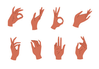 Big set of various gestures isolated on white background. Vector illustration of black female hands in a realistic poses, modern elegant thin liner style. Design elements, icons, logos, emblems, signs