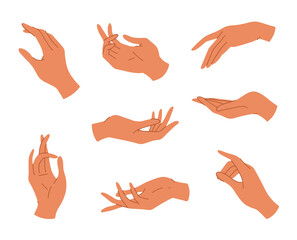 Big set of various gestures isolated on white background. Vector illustration of black female hands in a realistic poses, modern elegant thin liner style. Design elements, icons, logos, emblems, signs