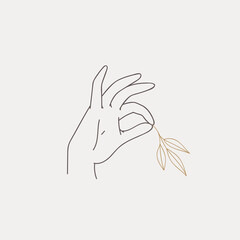 Logo design of hands. Modern template in trendy linear minimal style. Vector abstract emblem, symbol for tattoo design, cosmetics and packaging, jewellery, hand made or beauty products