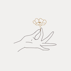 Logo design of hands. Modern template in trendy linear minimal style. Vector abstract emblem, symbol for tattoo design, cosmetics and packaging, jewellery, hand made or beauty products