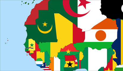 Obraz premium Center the map of Mali. Vector maps showing Mali and neighboring countries. Flags are indicated on the country maps, the most recent detailed drawing.