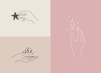 Set of logo designs with hands. Modern template in trendy linear minimal style. Vector abstract emblem