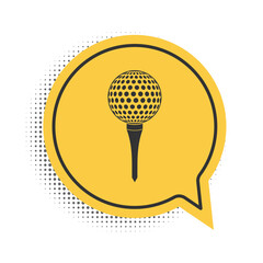 Black Golf ball on tee icon isolated on white background. Yellow speech bubble symbol. Vector.