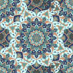 Blue green oriental arabesque mandala ornaments - seamless pattern