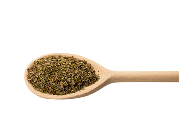 Oregano spice in wooden spoon isolated.