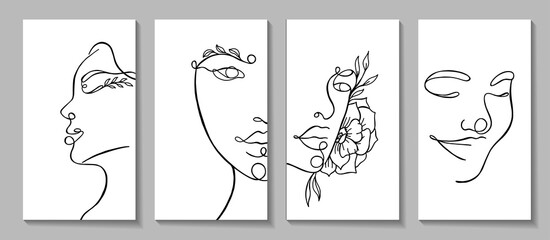 Set linear woman portraits. Continuous linear silhouette of female face. Outline hand drawn of avatars girls. Linear glamour logo in minimal style for beauty salon, makeup artist, stylist.