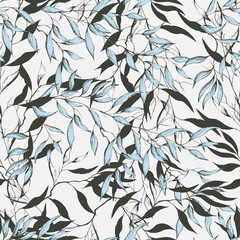 Autumn pattern with ink leaves. Vector seamless print, blue and black leaves on a light background for home textiles, fabrics, bedding and paper.
