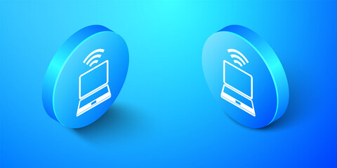 Isometric Laptop and free wi-fi wireless connection icon isolated on blue background. Wireless technology, wi-fi connection, wireless network. Blue circle button. Vector.