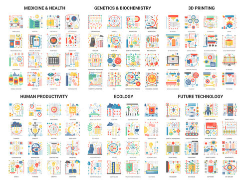 Complex concept flat abstract vector icons, modern design icon set future innovation technology in medicine and genetics biochemistry icon, 3d printing, human productivity digital symbols