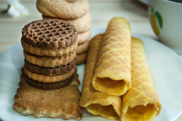 waffle rolls and cookies for tea, breakfast
