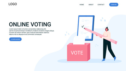 Voting online, e-voting, election internet system, survey. Tiny woman is filling out a paper survey. Concept of online choices with box, bulletins on smartphone screen. Checklist online. Landing page.