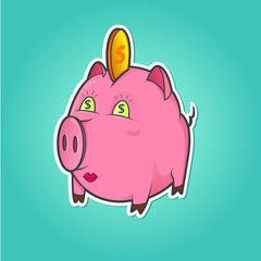 Piggy bank vector illustration! Funny piggy bank with a coin on a blue background.