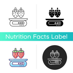 Serving information icon. Juicy strawberry. Product on scales. Count calorie. Control food for weight loss. Fruit ingredient. Linear black and RGB color styles. Isolated vector illustrations