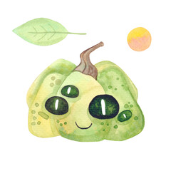 Watercolor illustration. Autumn harvest vegetables. Green Pumpkin with a face. Halloween decor. Isolated on white