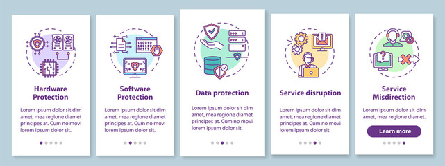 Naklejka premium Cyber security onboarding mobile app page screen with concepts. Hardware, software, data protection walkthrough 5 steps graphic instructions. UI vector template with RGB color illustrations