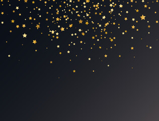 Magic golden flying stars on dark background. Luxury gold Christmas star frame. Elegant design elements for holiday. Xmas ornament. Greeting card. Vector illustration
