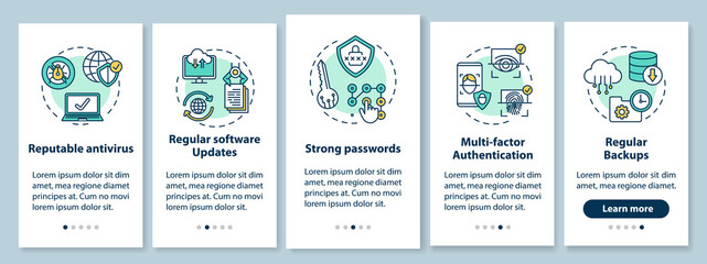 Device protection onboarding mobile app page screen with concepts. Antivirus, software update, passwords walkthrough 5 steps graphic instructions. UI vector template with RGB color illustrations