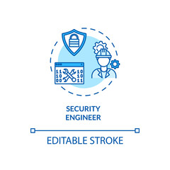 Security engineer concept icon. Cybersecurity job idea thin line illustration. Sensitive data monitoring. Cybercrime prevention. Vector isolated outline RGB color drawing. Editable stroke