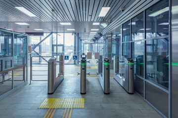 Turnstiles with electronic card readers on the station platform.