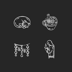Hyggelig atmosphere chalk white icons set on black background. Winter hot drinks. Mulled wine. Christmas light garlands. Cat nap. Curled up kitten. Isolated vector chalkboard illustrations