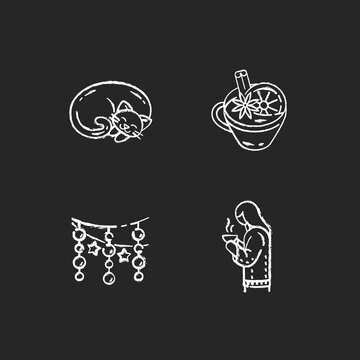 Hyggelig atmosphere chalk white icons set on black background. Winter hot drinks. Mulled wine. Christmas light garlands. Cat nap. Curled up kitten. Isolated vector chalkboard illustrations
