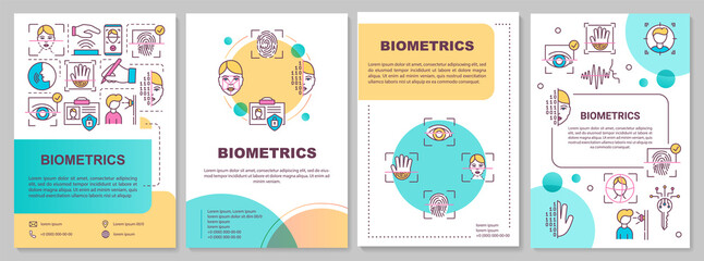 Biometrics security system brochure template. Face recognition. Flyer, booklet, leaflet print, cover design with linear icons. Vector layouts for magazines, annual reports, advertising posters