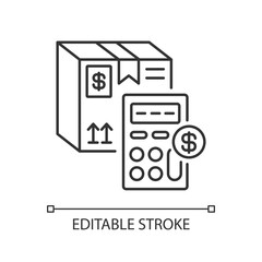 Calculating cargo price linear icon. Postal service thin line customizable illustration. Parcel value assessment. Box and calculator contour symbol. Vector isolated outline drawing. Editable stroke