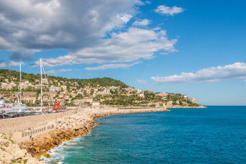 Fototapeta premium View of luxury resort Nice on French Riviera at Mediterranean Sea. Cote d'Azur. France.