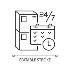 Schedule package pickup linear icon. Mail organization, postal logistics thin line customizable illustration. Boxes and calendar contour symbol. Vector isolated outline drawing. Editable stroke