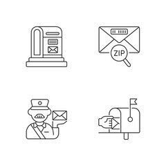 Courier delivery linear icons set. Professional mailman, letter zip code, parcel post and mailbox customizable thin line contour symbols. Isolated vector outline illustrations. Editable stroke