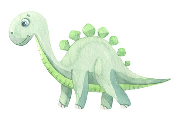 Cute cartoon dinosaur painted in watercolor isolated on white background. Fantastic prehistoric animal sticker