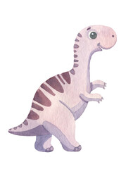 Cute cartoon dinosaur painted in watercolor isolated on white background. Fantastic prehistoric animal sticker