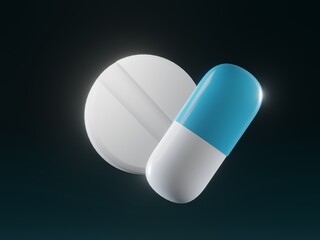 Pills and Capsule on black background. 3D rendering