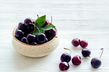 Plate of ripe red cherries with leaves, close up