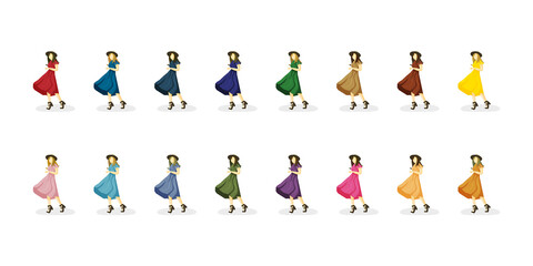 girls or women in colorful dresses, a hat and platform sandals. Red, orange, yellow, green, blue, blue, purple, purple, brown, pink clothing. The wind blows up the skirt. Silhouette isolated