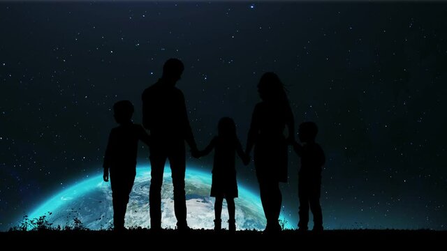 A Silhouette of a Family Standing on the Edge and Watching an Spinning Earth During Traveling by Solar System. Earth Rising Over the Horizon on Sky Up.Flying Into the Infinite Universe. A Star Is Born