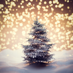 Christmas tree on snow. Glitter lights