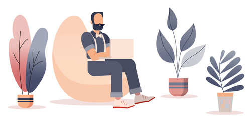 People working at home office, Flat style cartoon faceless character. Lifestyle, self isolation, freelance, pandemic concept. Minimal vector illustration set.