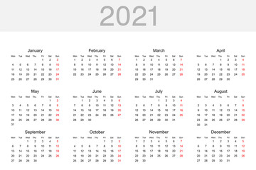 Calendar 2021. Calendar template for 2021 year. Calendar, isolated. Vector illustration