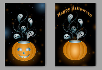 halloween cards, glowing pumpkins on dark background