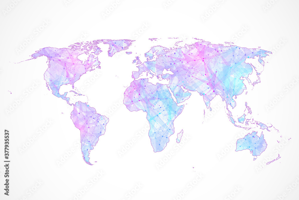 Leinwandbilder Communications network map of the world. Map of the planet. Plexus World map. Global social network. Blue futuristic background with planet Earth. Internet and technology. Vector illustration.