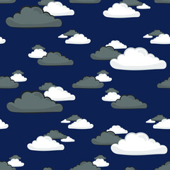Seamless pattern of vector clouds illustrations on darkblue background. Vector pattern for fabric for raincoats or home textile for children